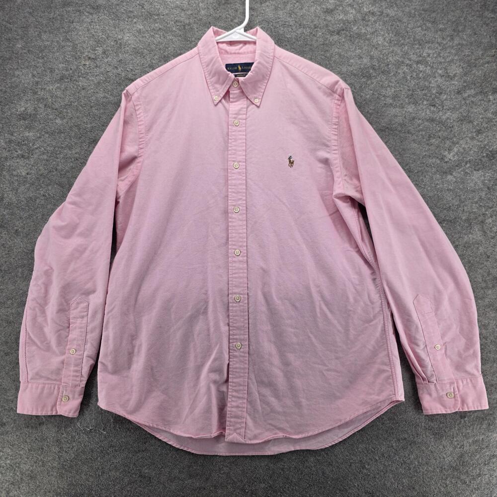 Ralph Lauren Shirt Mens L Pink Solid Long Sleeve Button Up Slim Fit Cotton